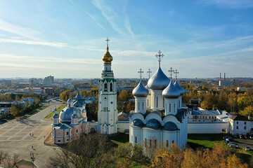 autumn vologda kremlin, drone top view, russia religion christian church