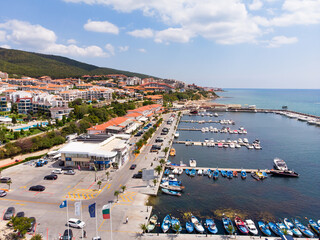 Summer holidays in Europe during quarantine. Panoramic view of the sea port of Sveti Vlas in Bulgaria. Aerial photography, drone view.