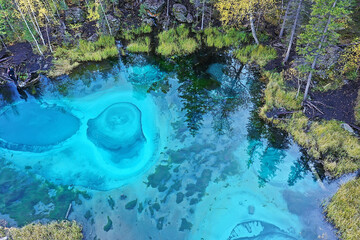 geyser lake altai aerial view from drone, blue lake landscape