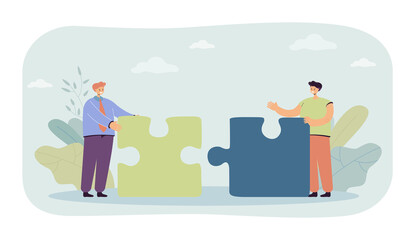 Men connecting ideas vector illustration. Two male characters working together, linking new concepts symbolized by pieces of puzzle. Teamwork concept for banner, website design or landing web page