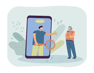 Girl selling her jewelry through online pawnshop. Man on mobile phone with magnifier buying gold ring during pandemic flat vector illustration. Lombard, deal, covid concept