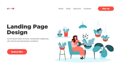 Happy relaxed woman taking care about houseplants in home garden, watering plant in pot. Flat vector illustration for cozy home decoration, greenhouse gardener, growing plants, hobby concept