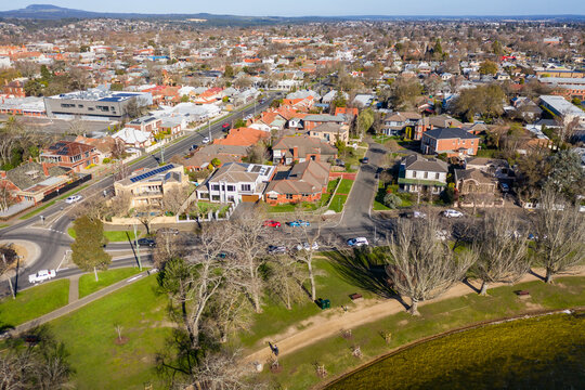 Aerial view of a lakeside suburb in a regional city