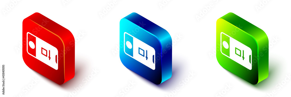 Poster isometric mobile phone with record frame camera icon isolated on white background. mobile app applic