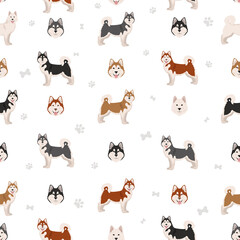 Alaskan malamute all colours seamless pattern. Different coat colors and poses set