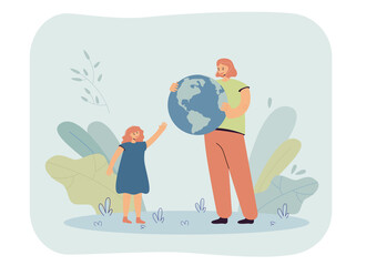 Mother giving globe to daughter. Female characters holding blue planet earth, offering it to little girl. Caring about environment, ecology concept for banner, website design, landing web page