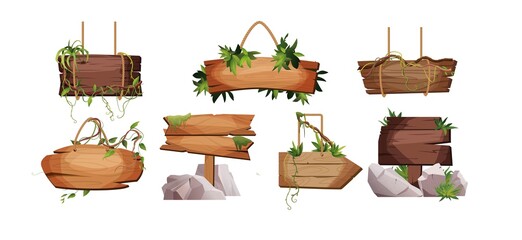 Empty wooden planks hanging on ropes with liana branches and tropical leaves. Set of vintage, retro banners for game. Cartoon vector illustration.
