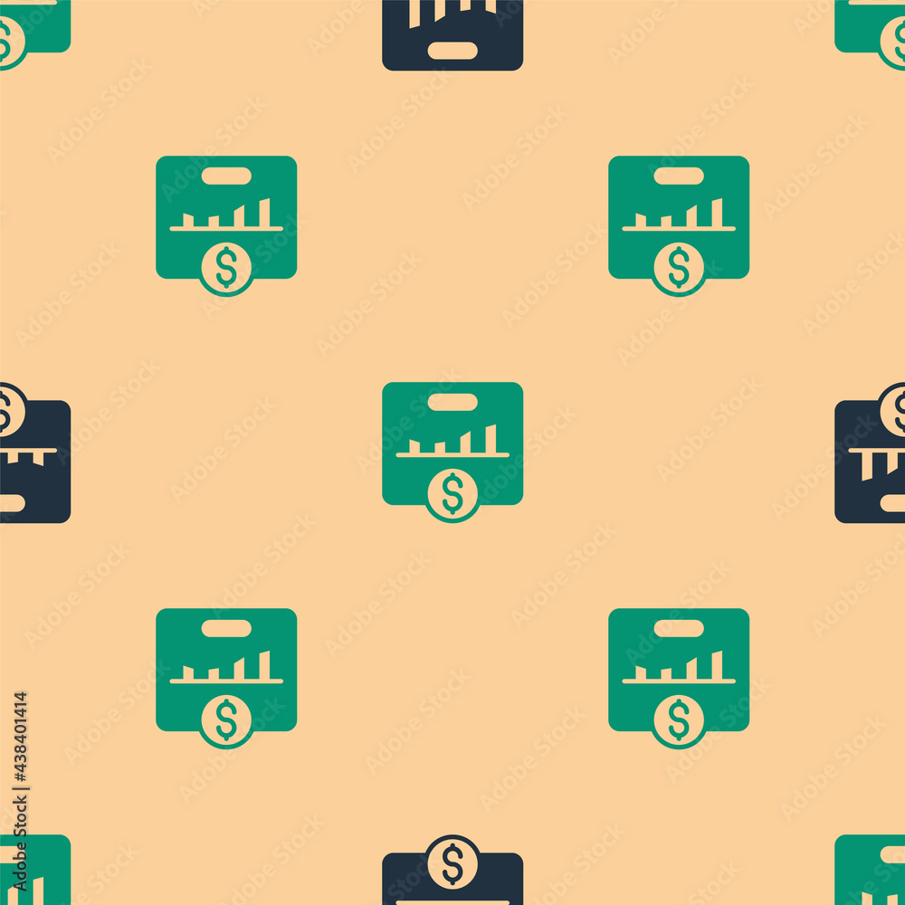 Poster green and black kpi - key performance indicator icon isolated seamless pattern on beige background. 
