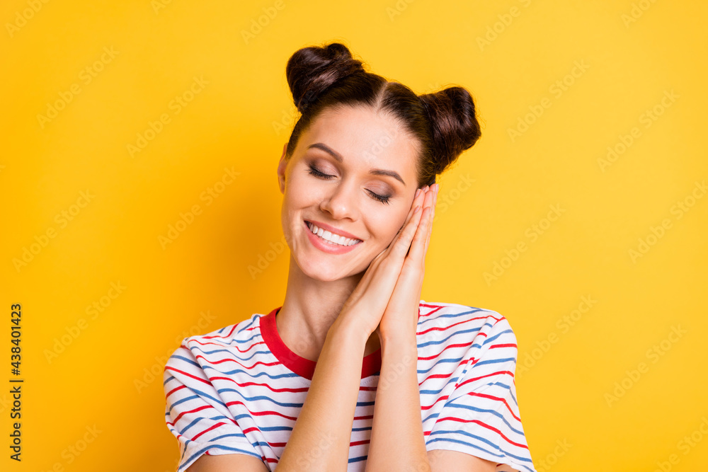 Canvas Prints Photo of sweet adorable young lady wear striped t-shirt hands cheek closed eyes isolated yellow color background