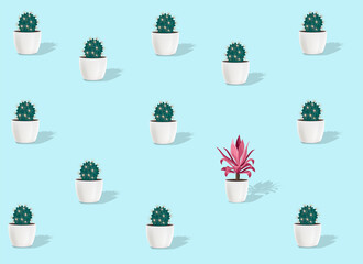 Abstract vector pattern in pastel pink, green and blue for gift wrap, fabric, cower and interior design. Minimal background with pink plant and cactus