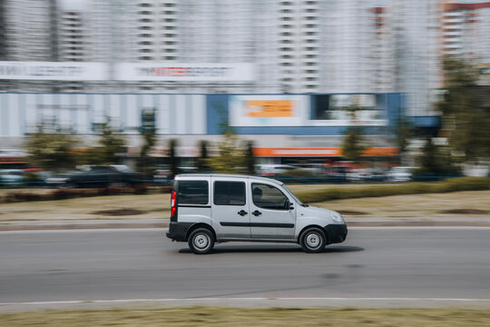 Ukraine, Kyiv - 13 May 2021: Silver FIAT Doblo car moving on the street. Editorial