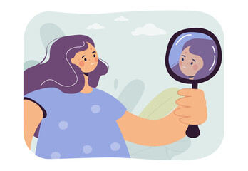 Woman worried about acne vector illustration. Displeased female character looking at herself in mirror. Girl unhappy about skin condition. Skin problem concept for banner, website design or landing