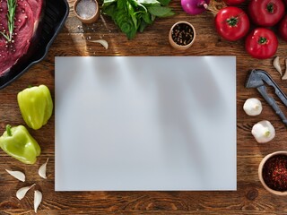 Empty board with copy space on it. Cutting board on the table with vegetables, meat and spices around, top view
