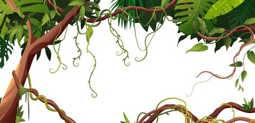 Liana or vine winding branches with tropic leaves background. Cartoon vector illustration. Jungle tropical climbing plants. © Дарья Михайлова
