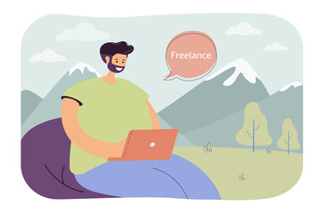 Man working online vector illustration. Male freelance character sitting with laptop with mountains and meadow in background. Freelance concept for banner, website design, landing web page