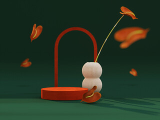 Podium, stand, showcase  green background and flowers. for premium product with nature plant, leaves.3d render.