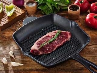 Raw beef steak with sea salt and rosemary on grill pan and ingredients around on a wooden table
