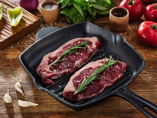 Two raw beef steaks on grill pan and ingredients around on a wooden table