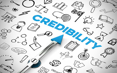 Kompass zeigt auf Schriftzug Credibility zwischen Icons