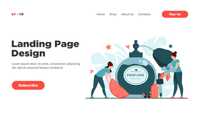 Tiny perfumers creating citrus and flower fresh fragrance, holding blossom and lemon slice near glass flask. Vector illustration for perfumery shop and aroma concept.