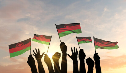 Silhouette of arms raised waving a Malawi flag with pride. 3D Rendering - obrazy, fototapety, plakaty