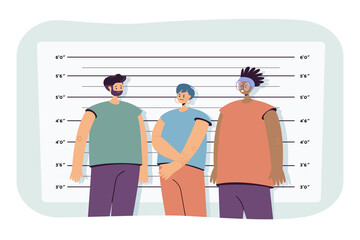 Police lineup flat vector illustration. Suspected criminals standing in mugshot background at police station. Criminal identification, mafia, police, photo concept - obrazy, fototapety, plakaty
