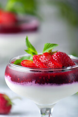Traditional Italian dessert vanilla strawberry panna cotta in verina with fresh berries. Copy space.