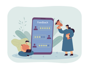 Application user giving positive feedback. Tiny female character with loudspeaker, huge phone flat vector illustration. Customer feedback, software development concept for banner, website design