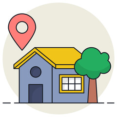Cottage with Pin Location and Tree Concept Vector Icon Design, urban and suburban house Symbol, Real Estate and Property Sign, Apartment and Mortgage Stock illustration