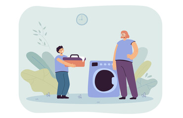 Mother and son doing laundry vector illustration. Female character standing beside washing machine, little boy carrying bowl with clothes. Household concept for banner, website design, landing web