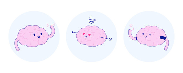 Set Badges Train Your Brain. Modern Flat Vector Illustration. Happy Brain Wave Hello, in Love, Show Okay Sign. Social Media Template.