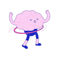 Happy Brain with Hands Up and Hula Hoop. Modern Flat Vector Illustration. Train Your Brain. Social Media Template.
