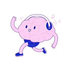 Happy Brain Run and Listen to the Music in Headphones. Modern Flat Vector Illustration. Train Your Brain. Social Media Template.