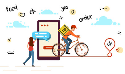 Woman orders food on her smartphone. Courier takes the order to the address.