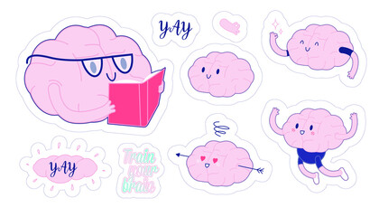 Set Train Your Brain. Modern Flat Vector Illustration. Happy Brain Hold Red Book, Wave Hello, Jump, in Love, Train Your Brain, Yay Lettering Composition. Social Media Template.