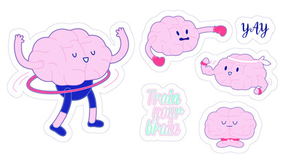 Set Train Your Brain. Modern Flat Vector Illustration. Happy Brain with Hula Hoop, Training Activity, Boxing, Show Its Biceps, Meditate, Lettering Composition. Social Media Template.