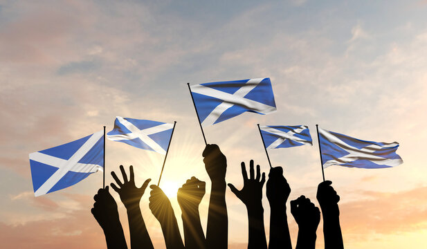 Silhouette of arms raised waving a Scotland flag with pride. 3D Rendering