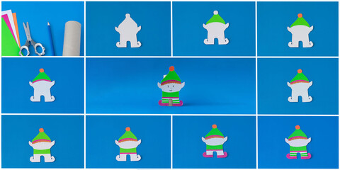 How to make an elf out of colored paper and cardboard. DIY concept. Step-by-step instruction. Collage. Children's art project. Craft for children from colored paper for Christmas, St. Patrick's Day