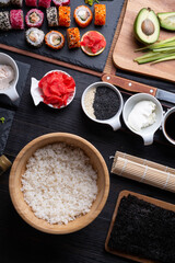 sushi cooking  background. flat lay
