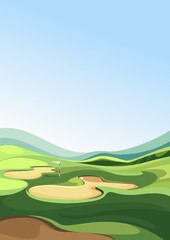 Obraz na płótnie Canvas Golf course with sand traps. Outdoor sport location in vertical orientation.