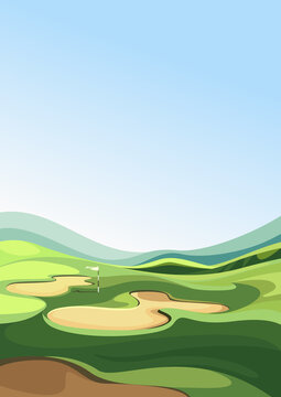 Golf course with sand traps. Outdoor sport location in vertical orientation.