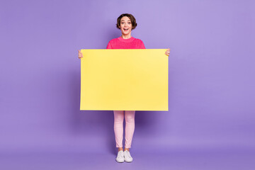 Full body photo of young excited woman happy positive hold poster billboard ad amazed surprised...