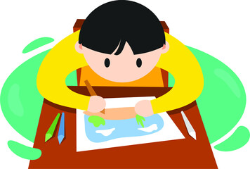 children practice drawing natural landscapes on paper. create flat art vector illustration