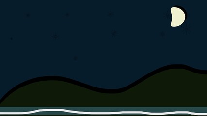 The nighttime background image includes the mountains, the moon and the sea