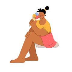 Woman eating ice cream in the park in trendy hand drawn style. Girl eating ice cream cone on a bench. Vector stock illustration