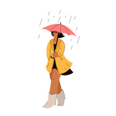 Woman with umbrella in the rain in a raincoat in modern hand drawn cartoon style. Girl walking in the rain. Vector illustration