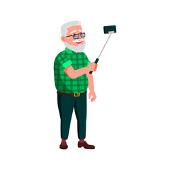 old man make selfie on smartphone camera on stick cartoon vector. old man make selfie on smartphone camera on stick character. isolated flat cartoon illustration