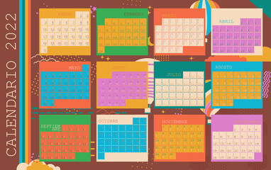 Spanish calendar 2022. Multicolor horizontal planner. Flat trendy illustration.