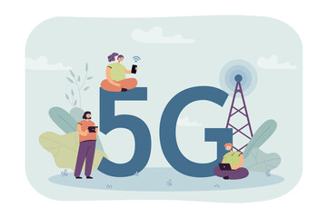 People trying to catch 5G internet connection. Young students with laptop and mobile phones using wireless internet flat vector illustration. Network technology, connection concept