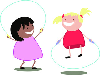 two girls girlfriends jumping rope without background